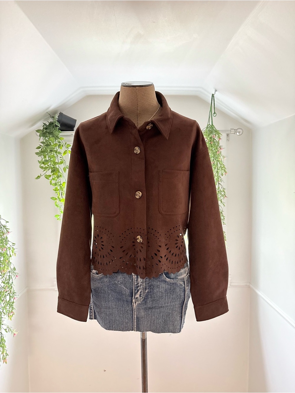 Zara Brown Suede Laser-Cut Hem Jacket